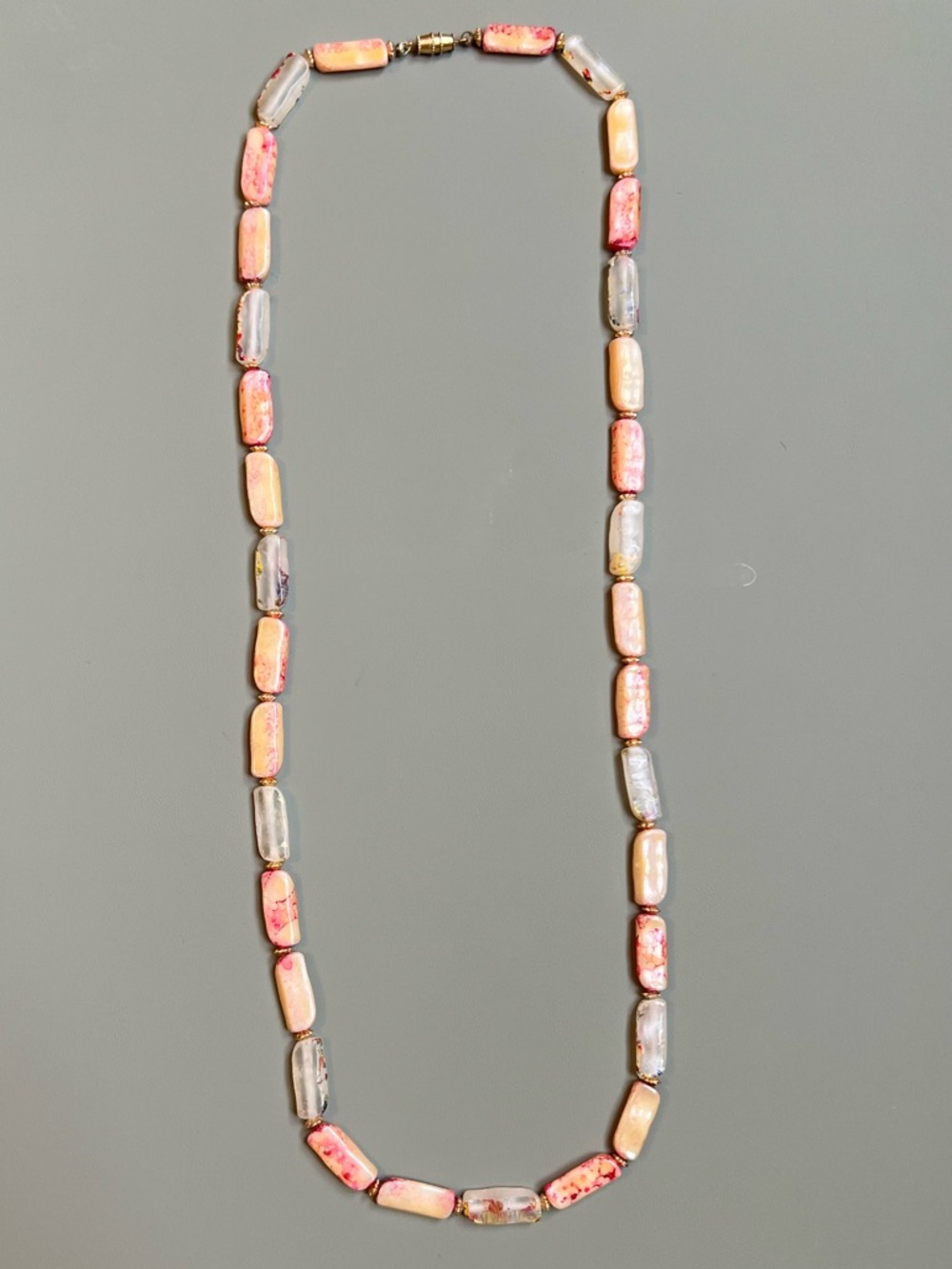 Vintage Beaded Rectangle Necklace in Pink and Gray